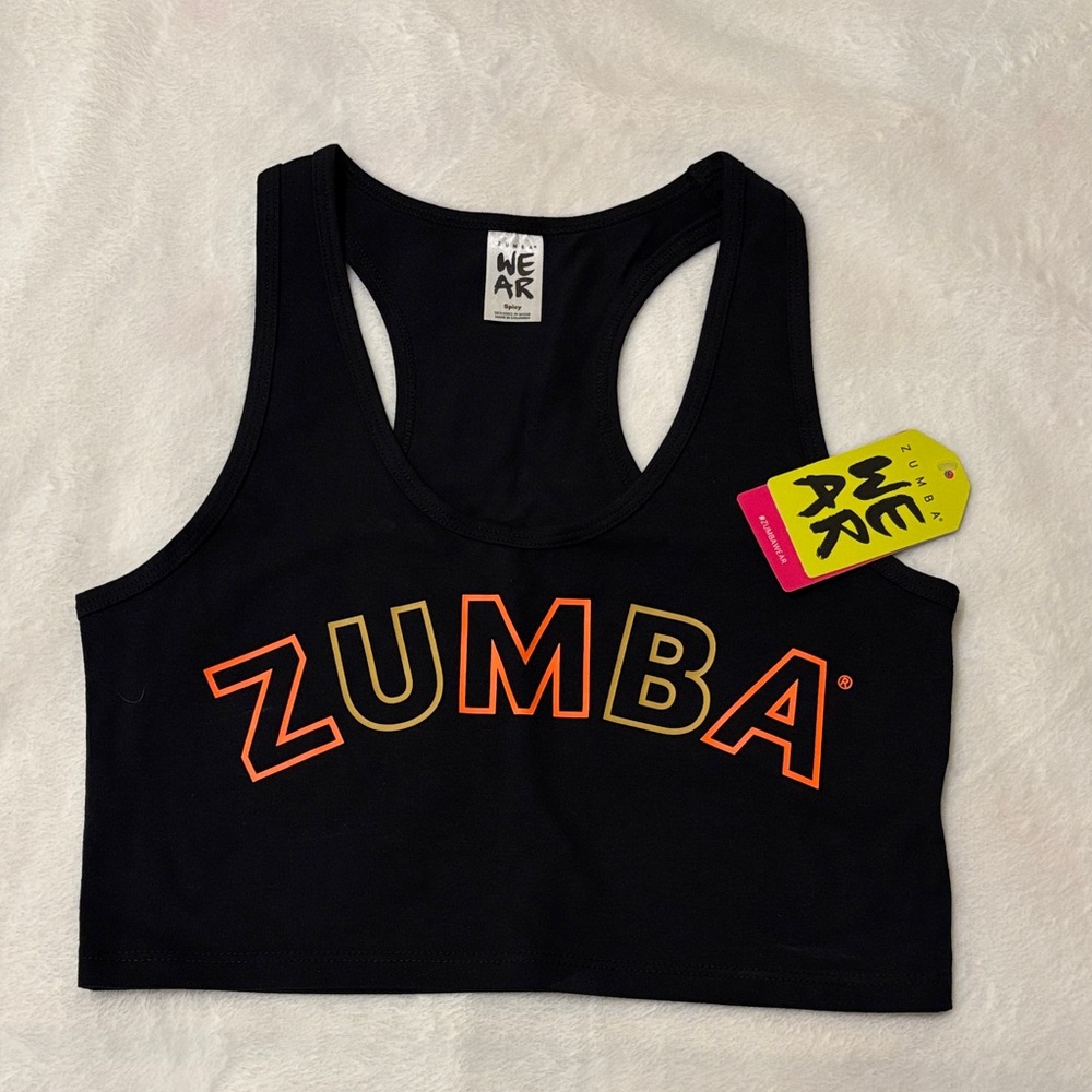 Zumba Black Sports Bra with Orange and Tan Lettering